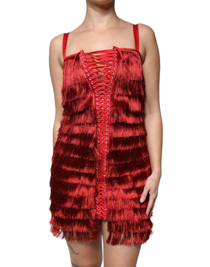 Red Lace Tassel Sleeveless Sheath Mini Dress