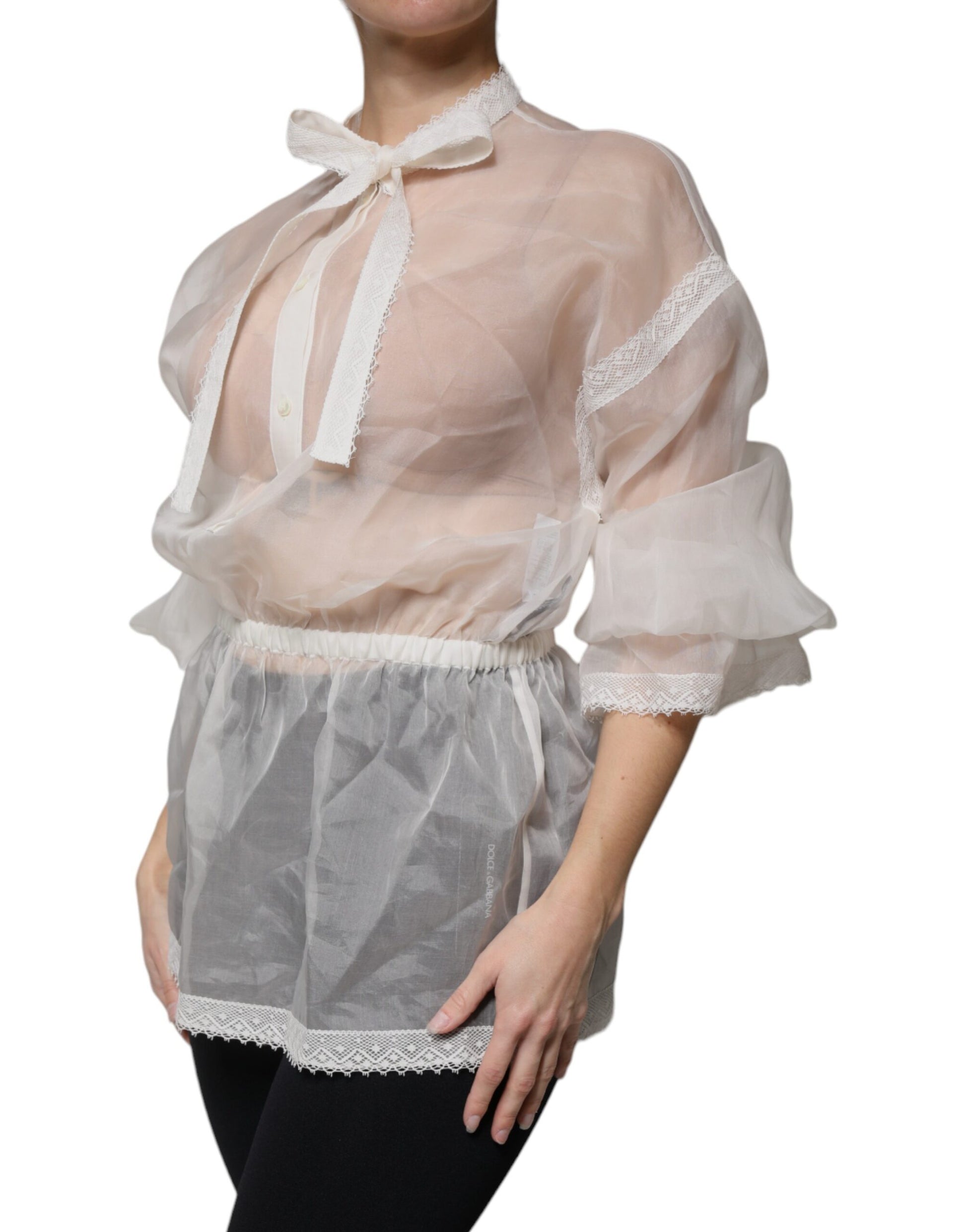 White Ascot Collar Long Sleeves Blouse Top