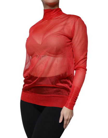 Red Mesh Turtleneck Long Sleeve Blouse Top