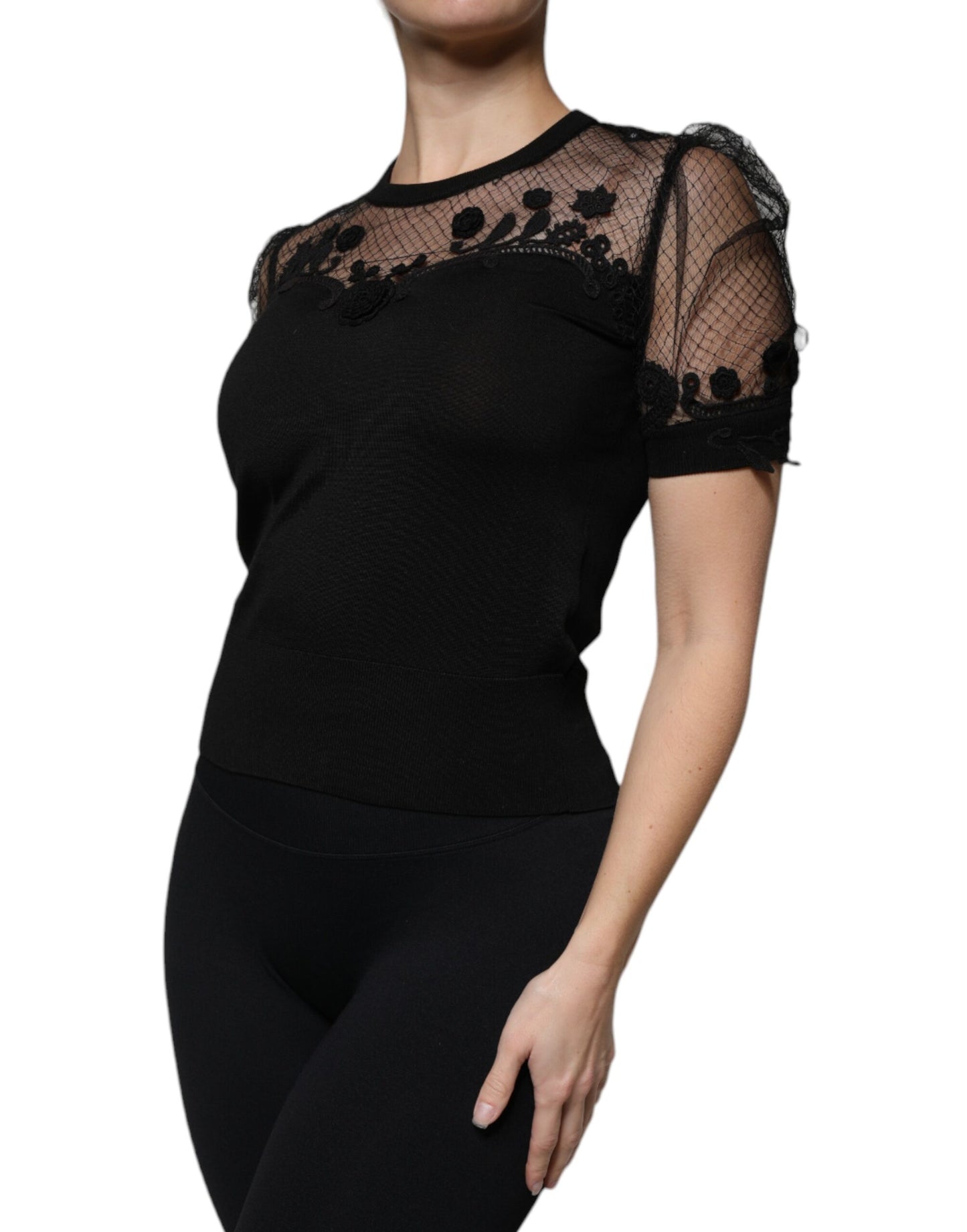 Black Floral Lace Short Sleeves Blouse Top