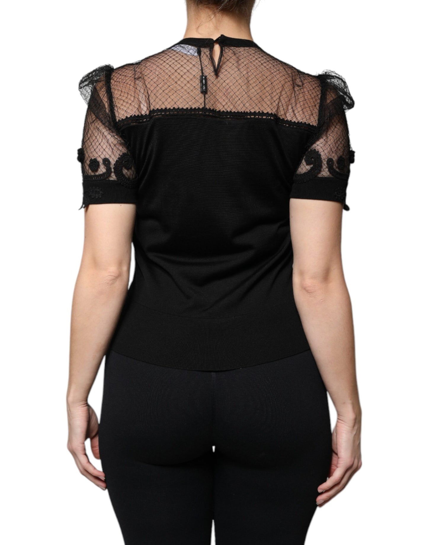 Black Floral Lace Short Sleeves Blouse Top