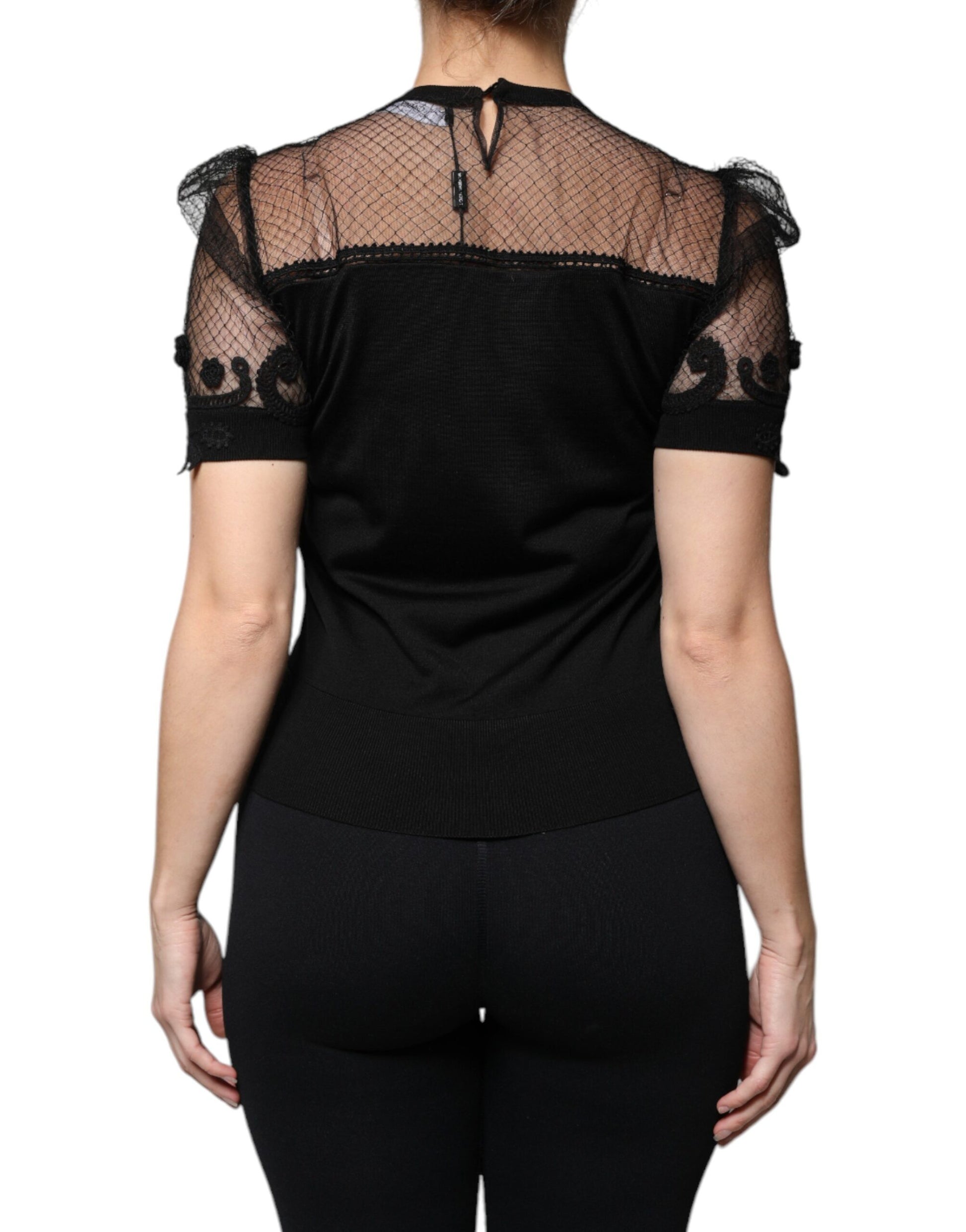 Black Floral Lace Short Sleeves Blouse Top