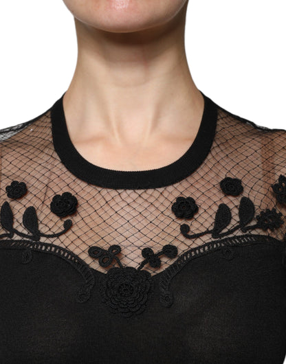 Black Floral Lace Short Sleeves Blouse Top