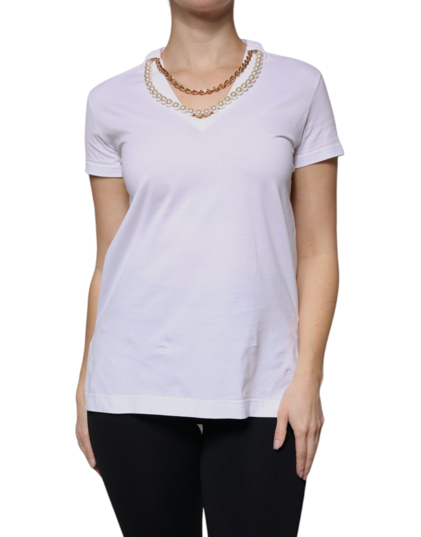 White Cotton Necklace Chain Short Sleeves T-shirt