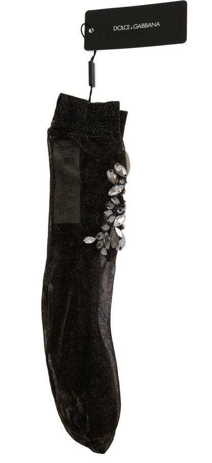 Crystal-Embellished Black Mid-Calf Stockings