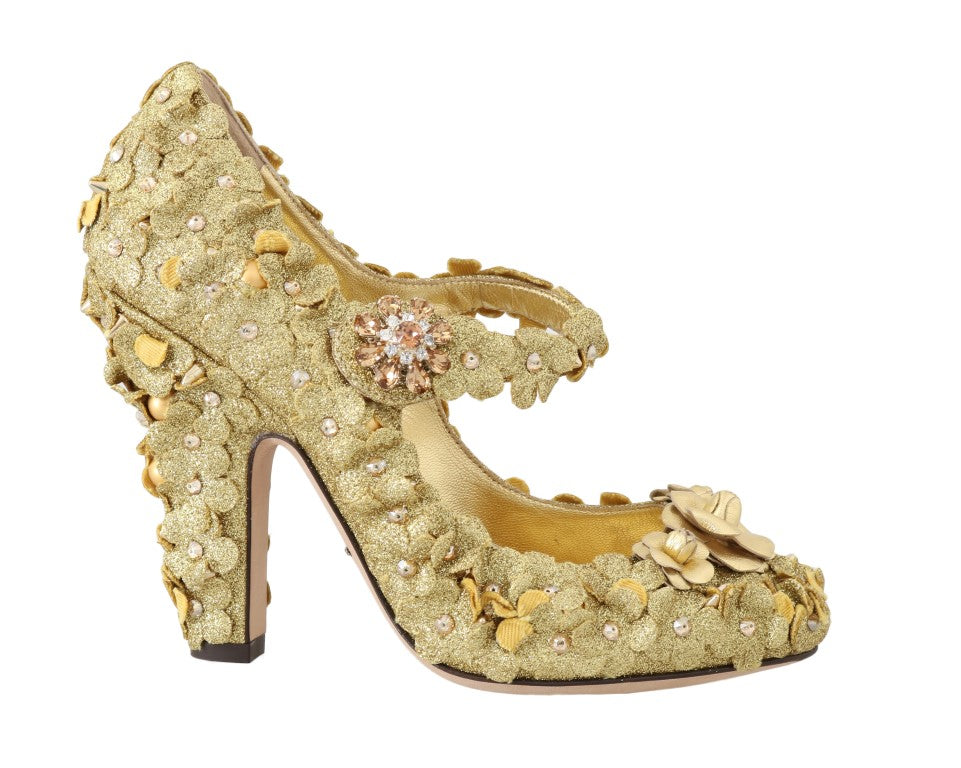 Goldene Pumps mit Blumen- und Kristallverzierung