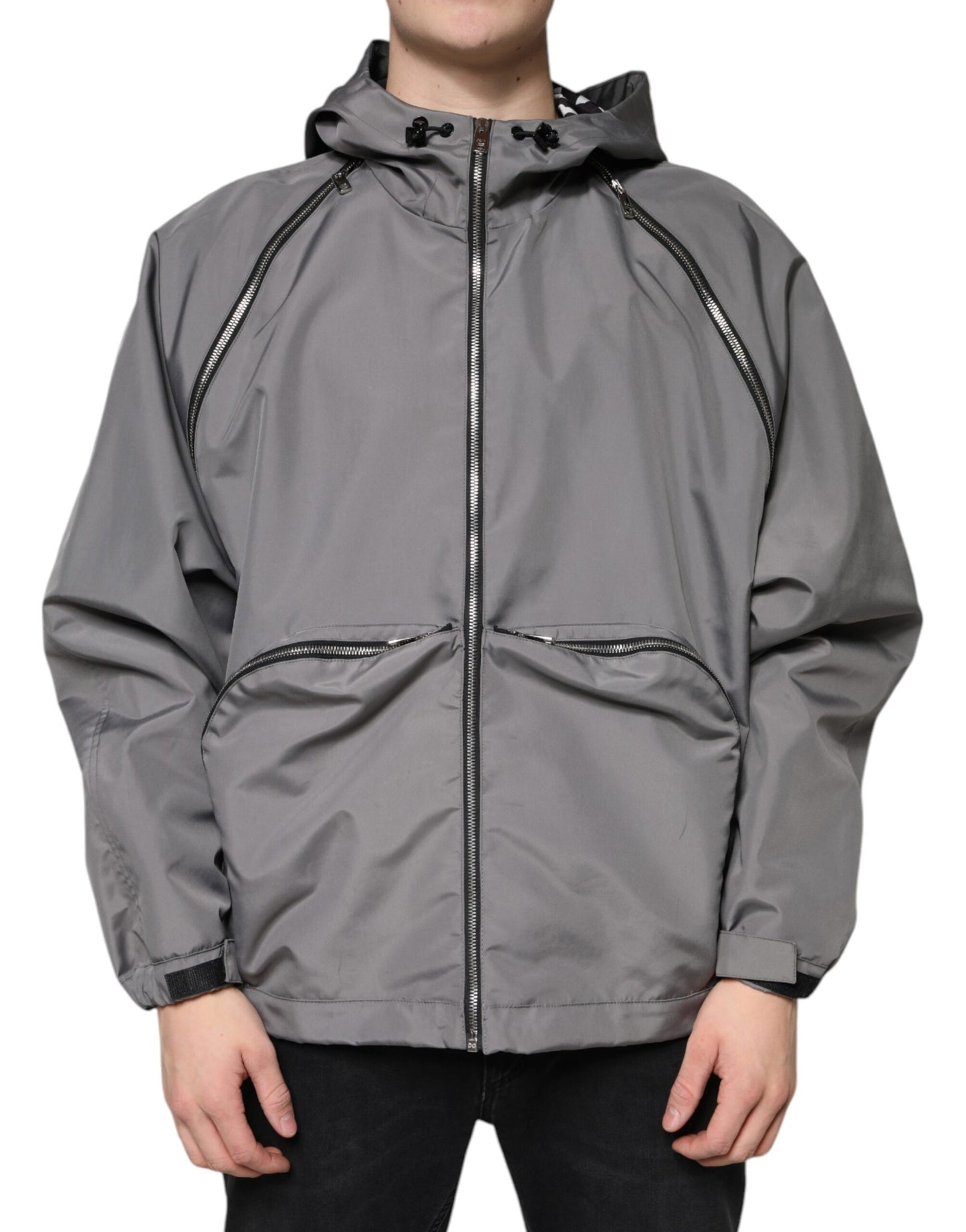 Gray Polyester Hooded Men Full Zip Jacket