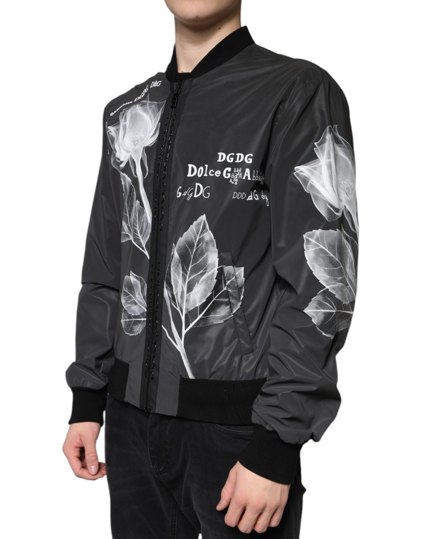 Black Floral Nylon Full Zip Bomber Jacket