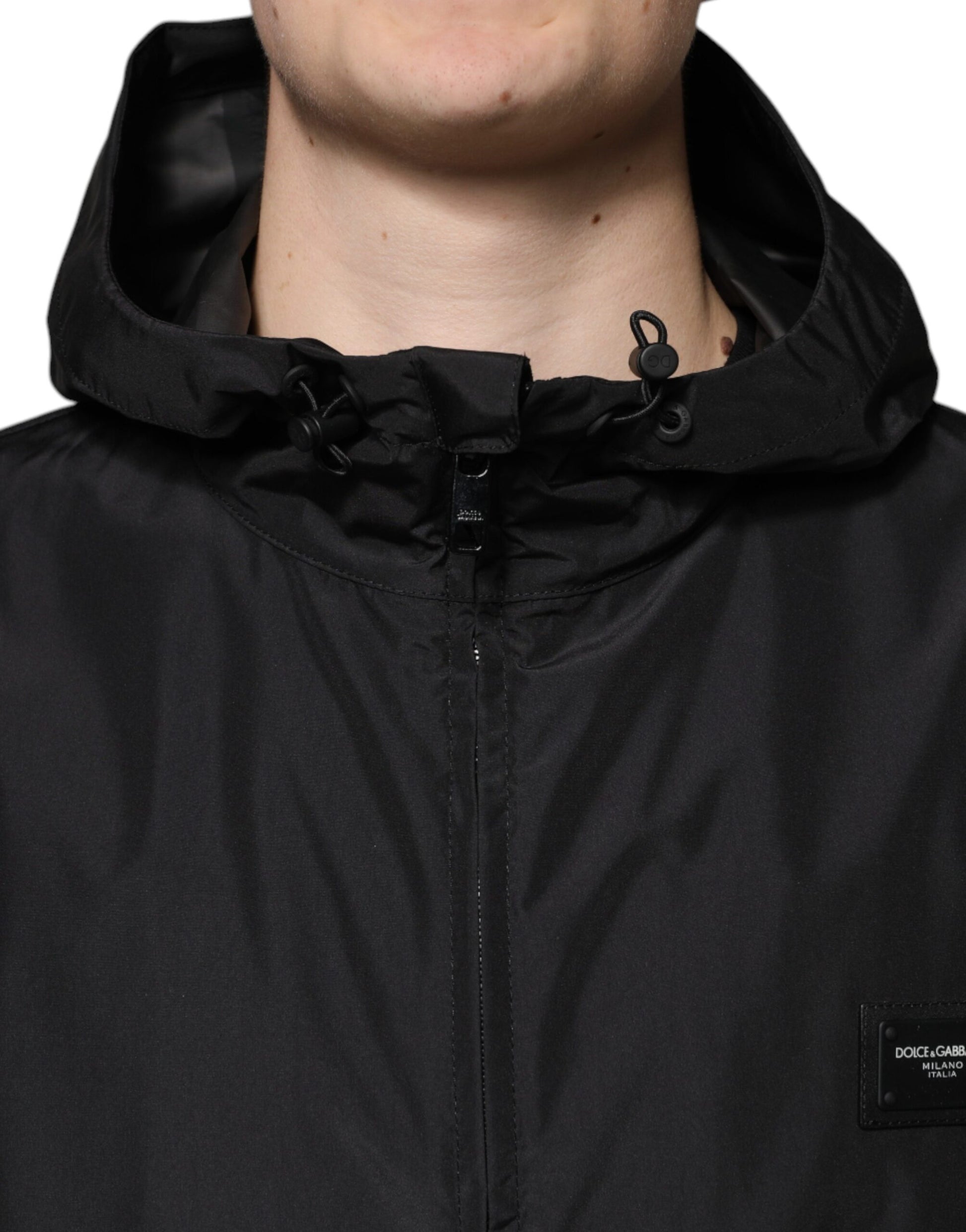 Black Polyester Hooded Men Full Zip Jacket