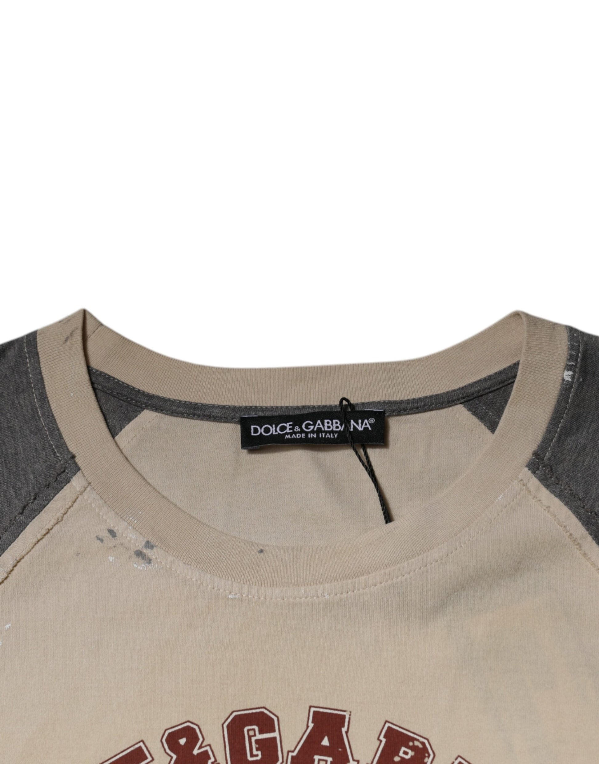 Beige Gray Graphic Print Cotton Crew Neck T-shirt