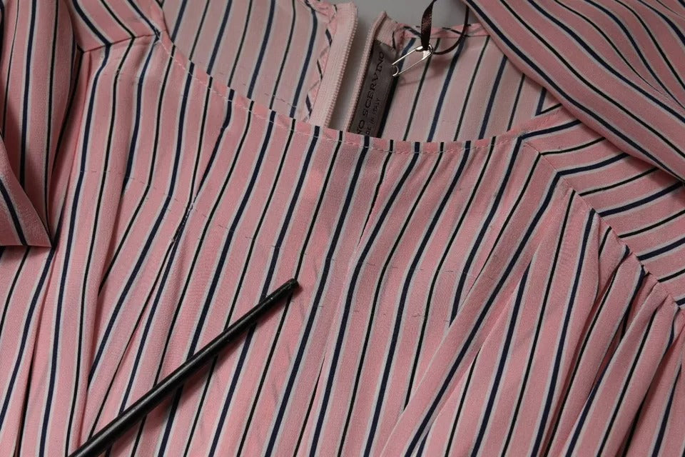 Pink Stripes Silk Long Sleeves Midi Dress