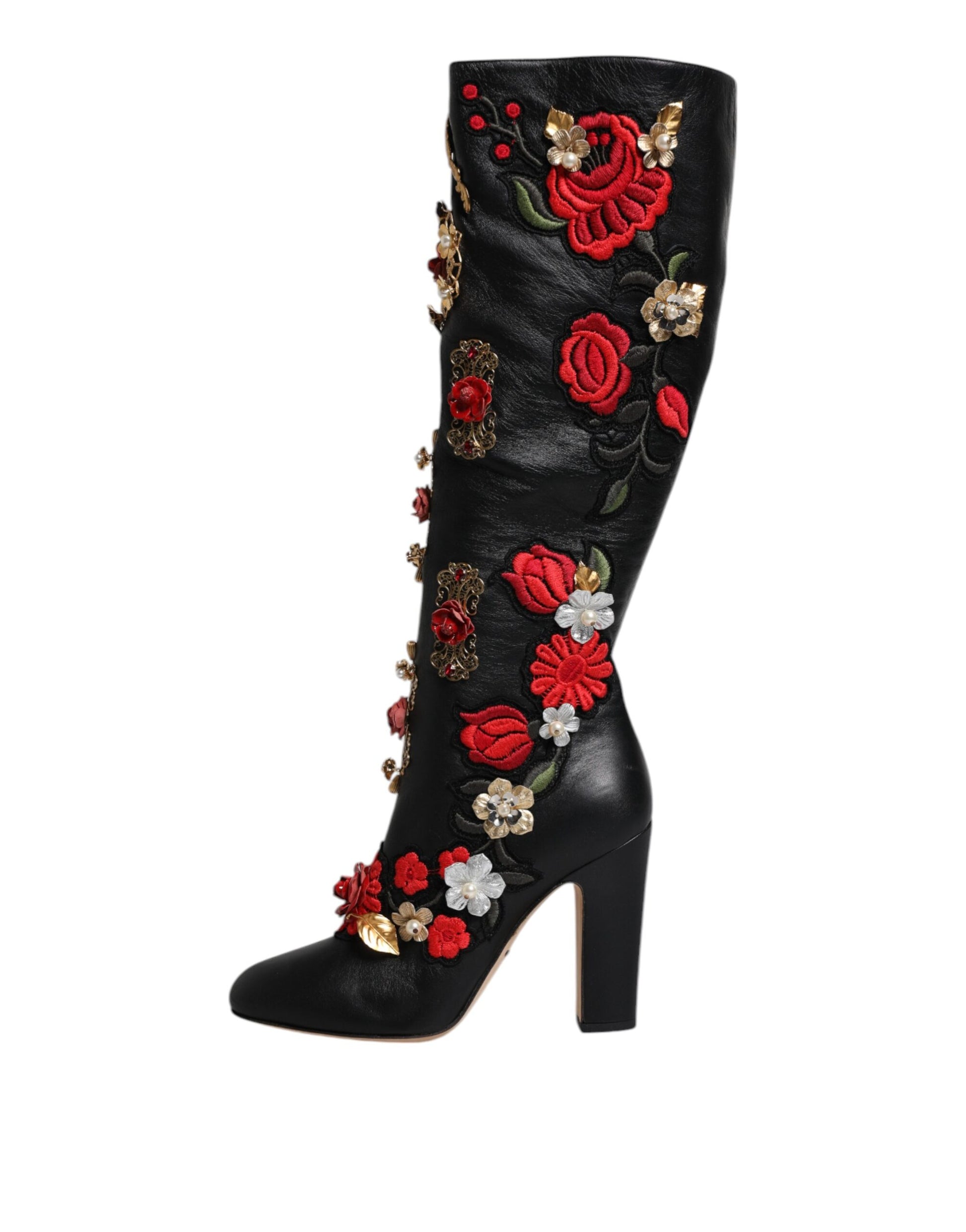 Black Roses Embellished Leather Heel Boots Shoes