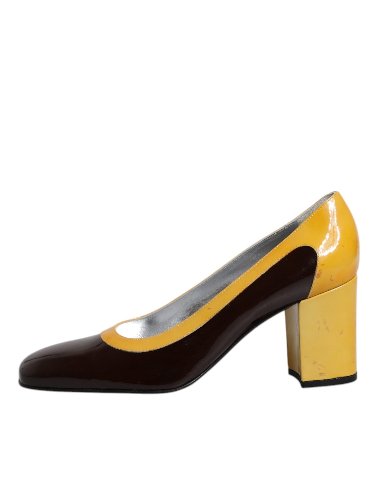 Yellow Brown Leather Block Heel Pumps Shoes