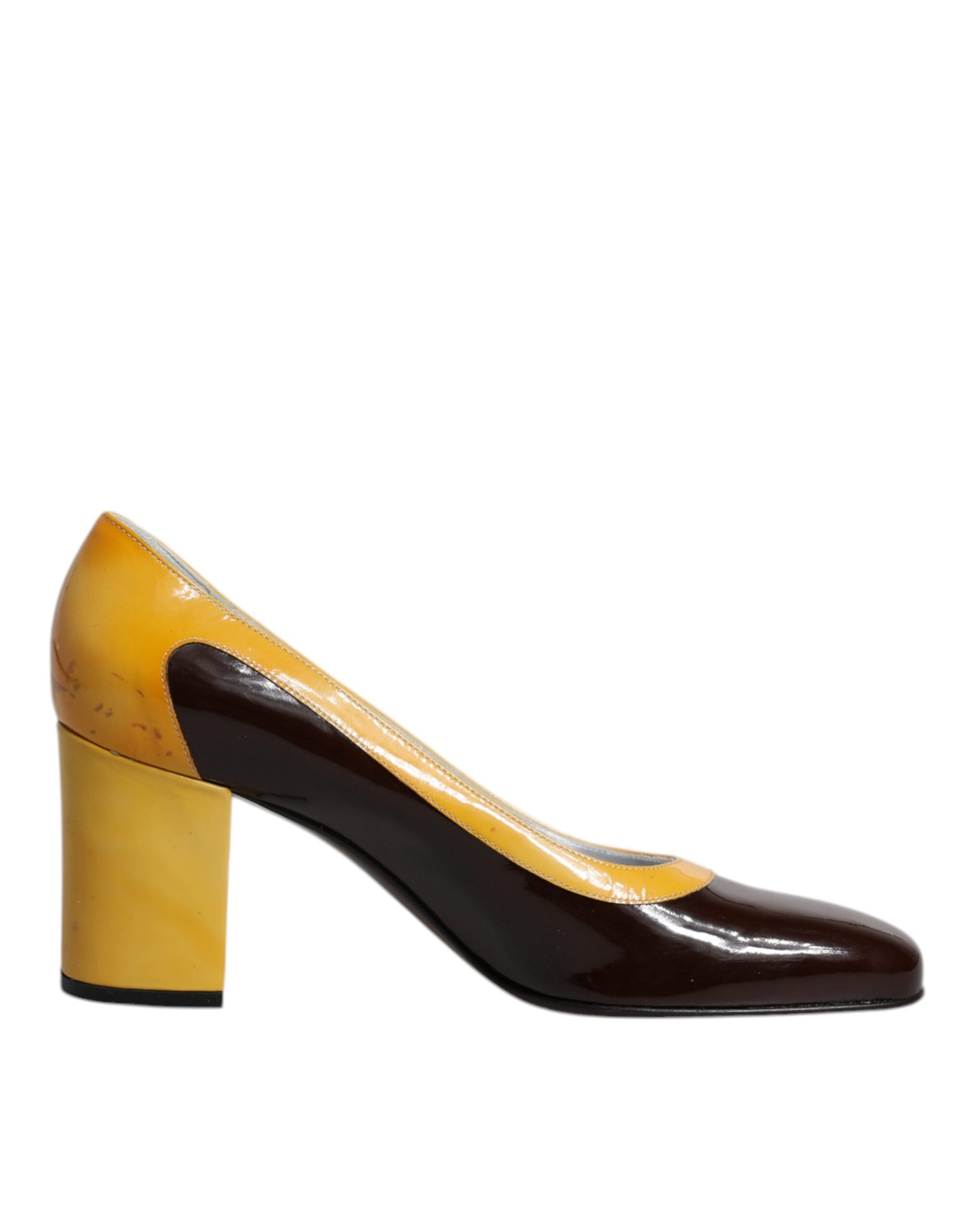 Yellow Brown Leather Block Heel Pumps Shoes