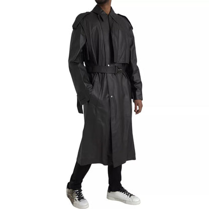 Black Leather Men Waterproof Trenchcoat Jacket