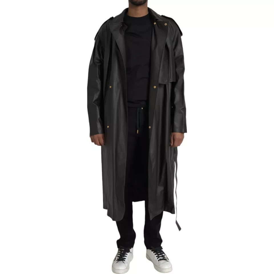 Black Leather Men Waterproof Trenchcoat Jacket