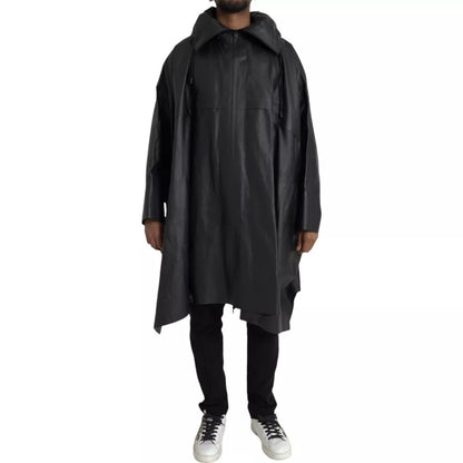 Black Leather Hooded Men Trenchcoat Jacket