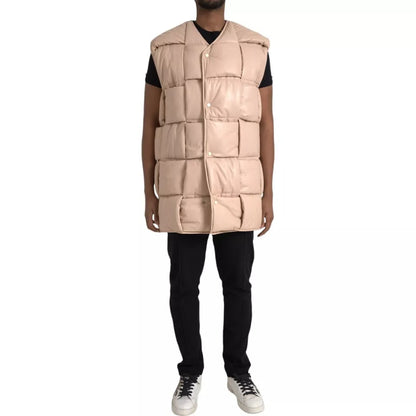 Beige Quilted Sleeveless Calf Leather Jacket