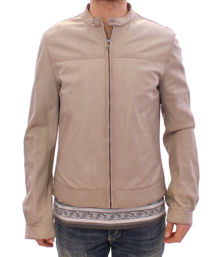 Elegante beige Leder Lammfelljacke