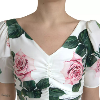 White Roses Print Stretch Silk Pleated Dress