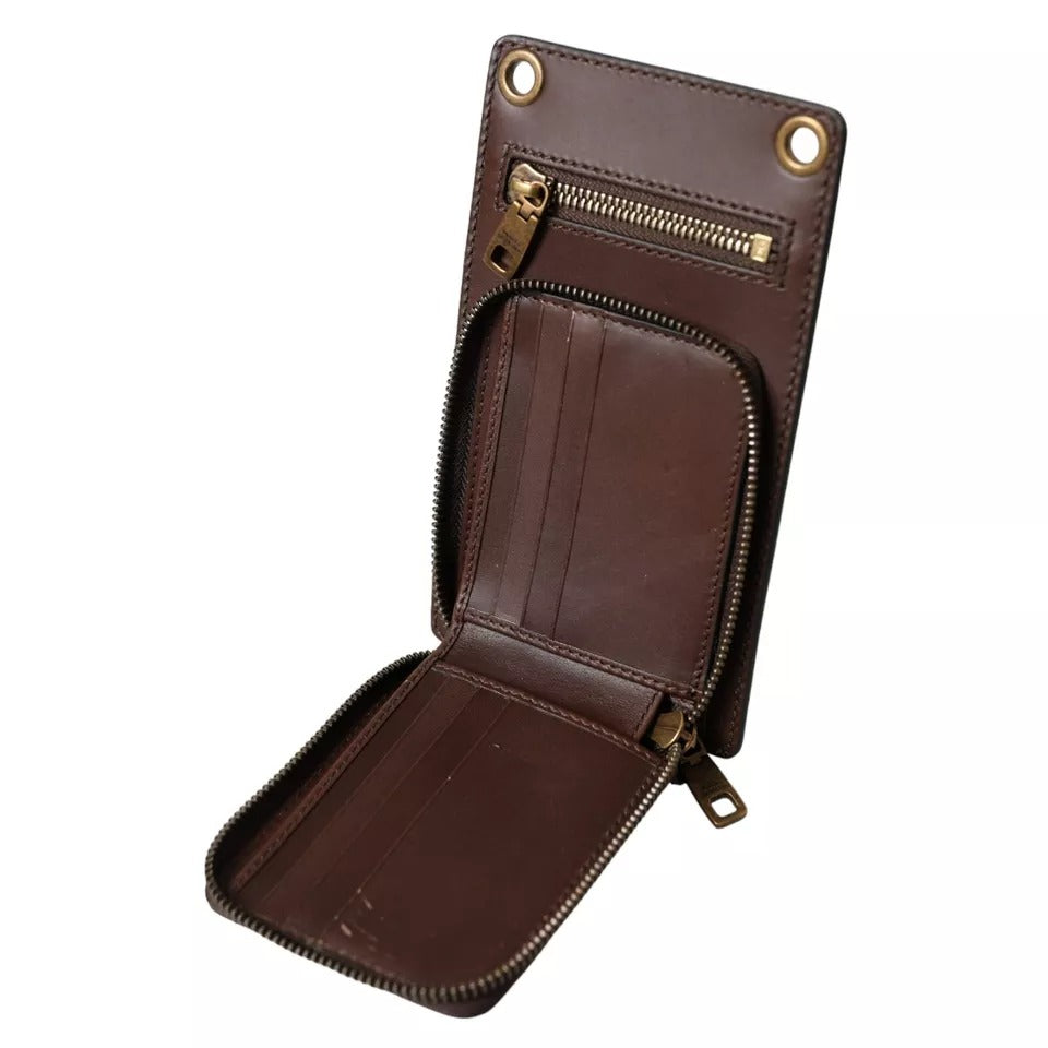 Brown Calf Leather Zip Logo Shoulder Neck Strap Wallet