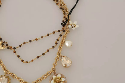 Gold Brass Crystal Floral Statement Charms Necklace