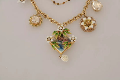 Gold Brass Crystal Floral Statement Charms Necklace