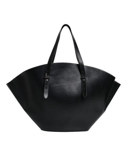 Black Leather Logo Shoulder Strap Shopping Tote Bag