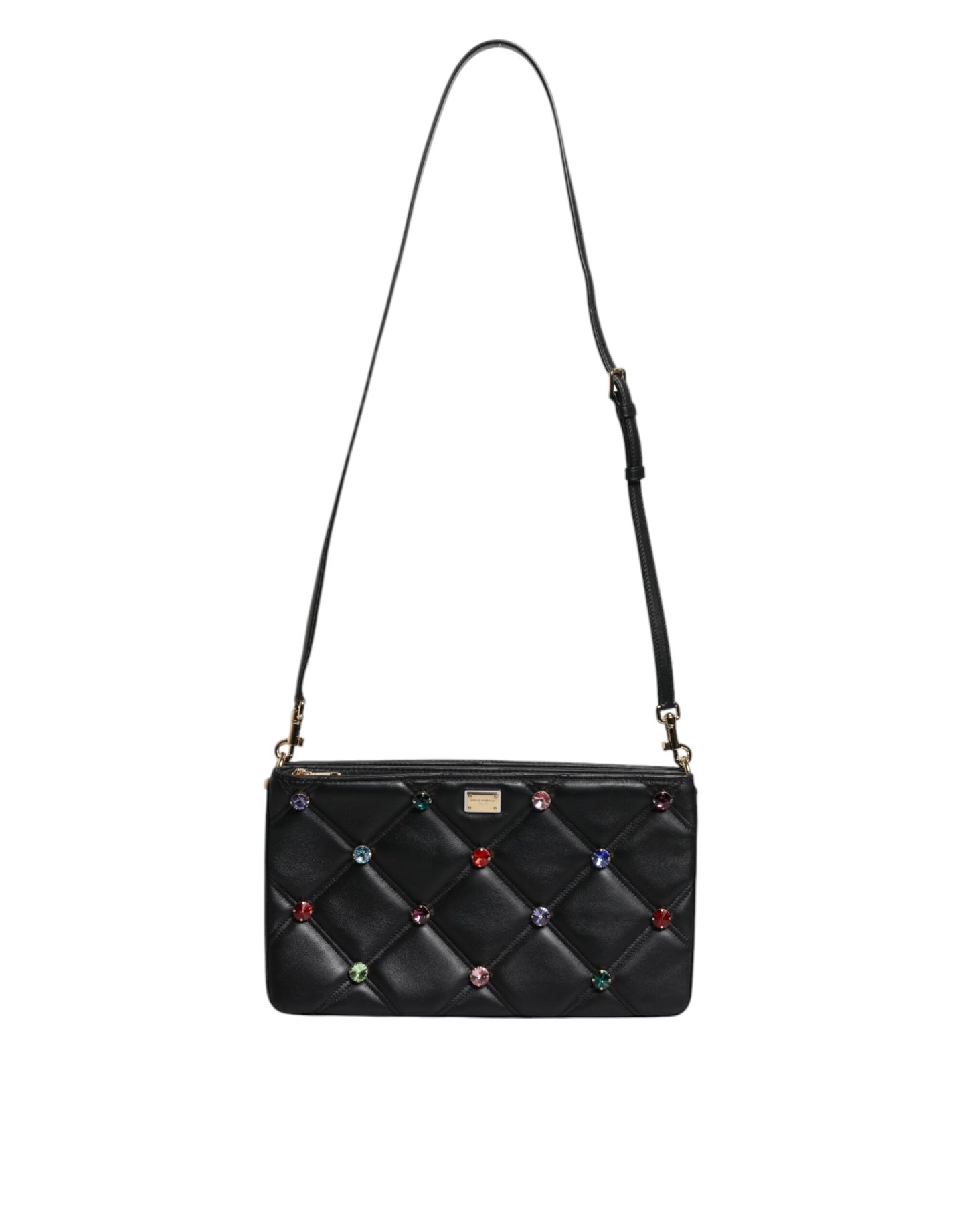 Black Leather Crystal Embellished Logo Shoulder Bag