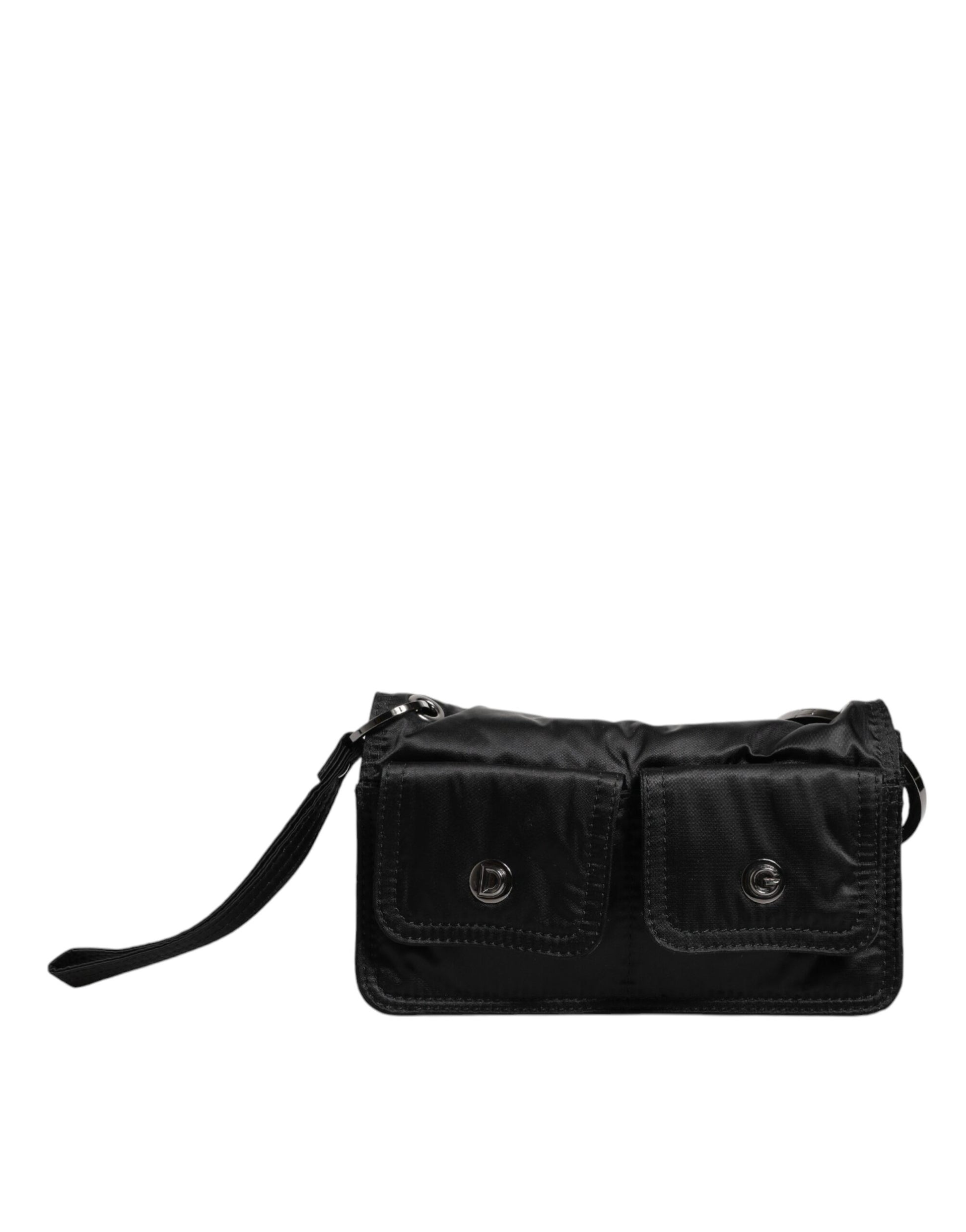 Black Fabric Logo Two Way Clutch Crossbody Bag