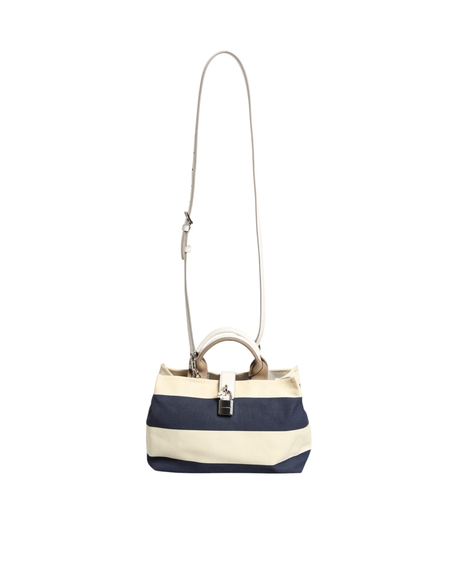 White Navy Striped Canvas Top Handle Tote Bag