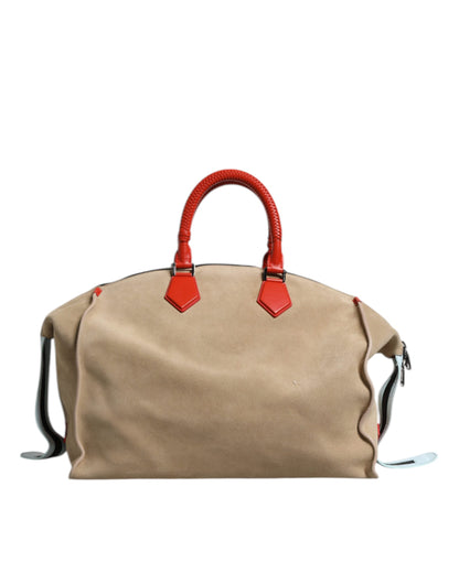 Beige Suede Leather Top Handle Duffle Bag