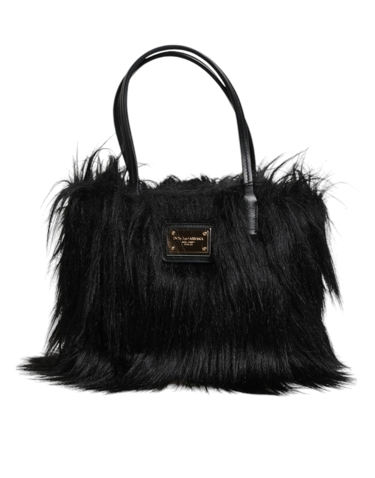 Black Fur Logo Plaque Double Handle Shoulder Bag