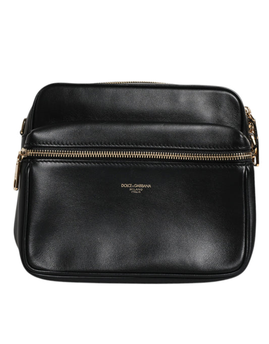 Black Calfskin Leather Gothic Messenger Bag