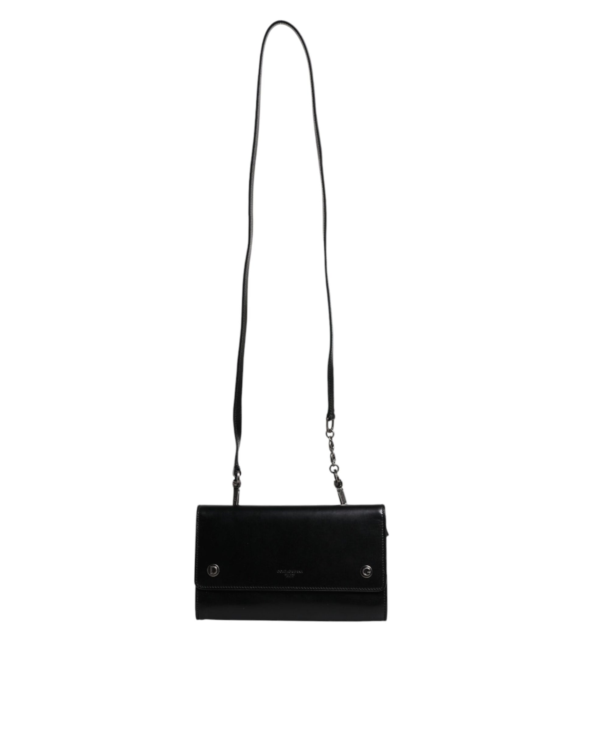 Black Leather Logo Embossed Crossbody Bag