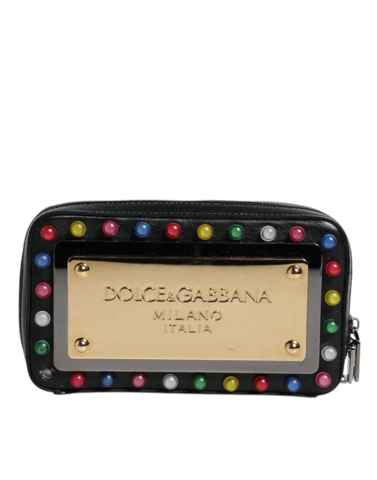 Black Leather LED Logo Wrist Strap Clutch Bag