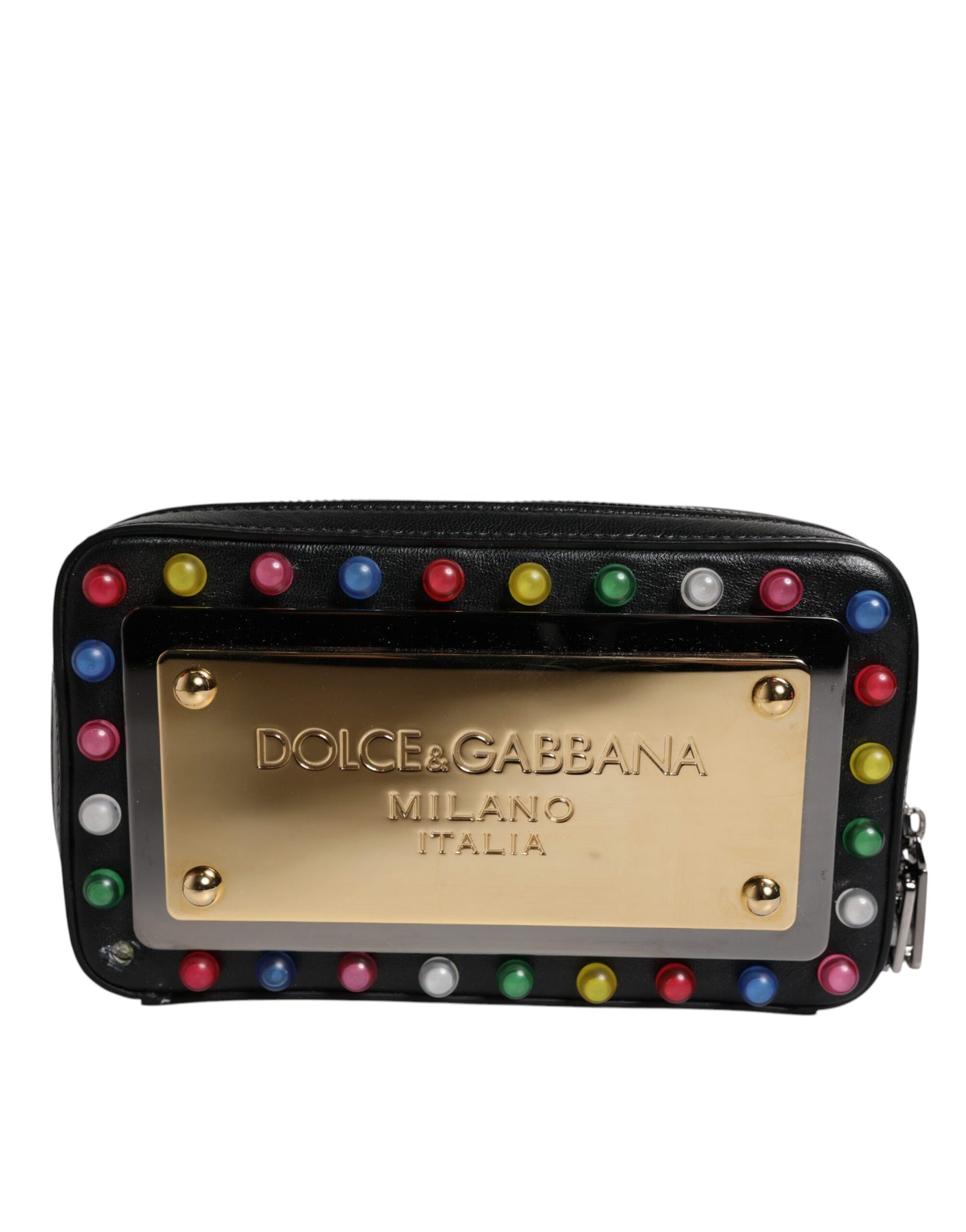 Black Leather LED Logo Wrist Strap Clutch Bag