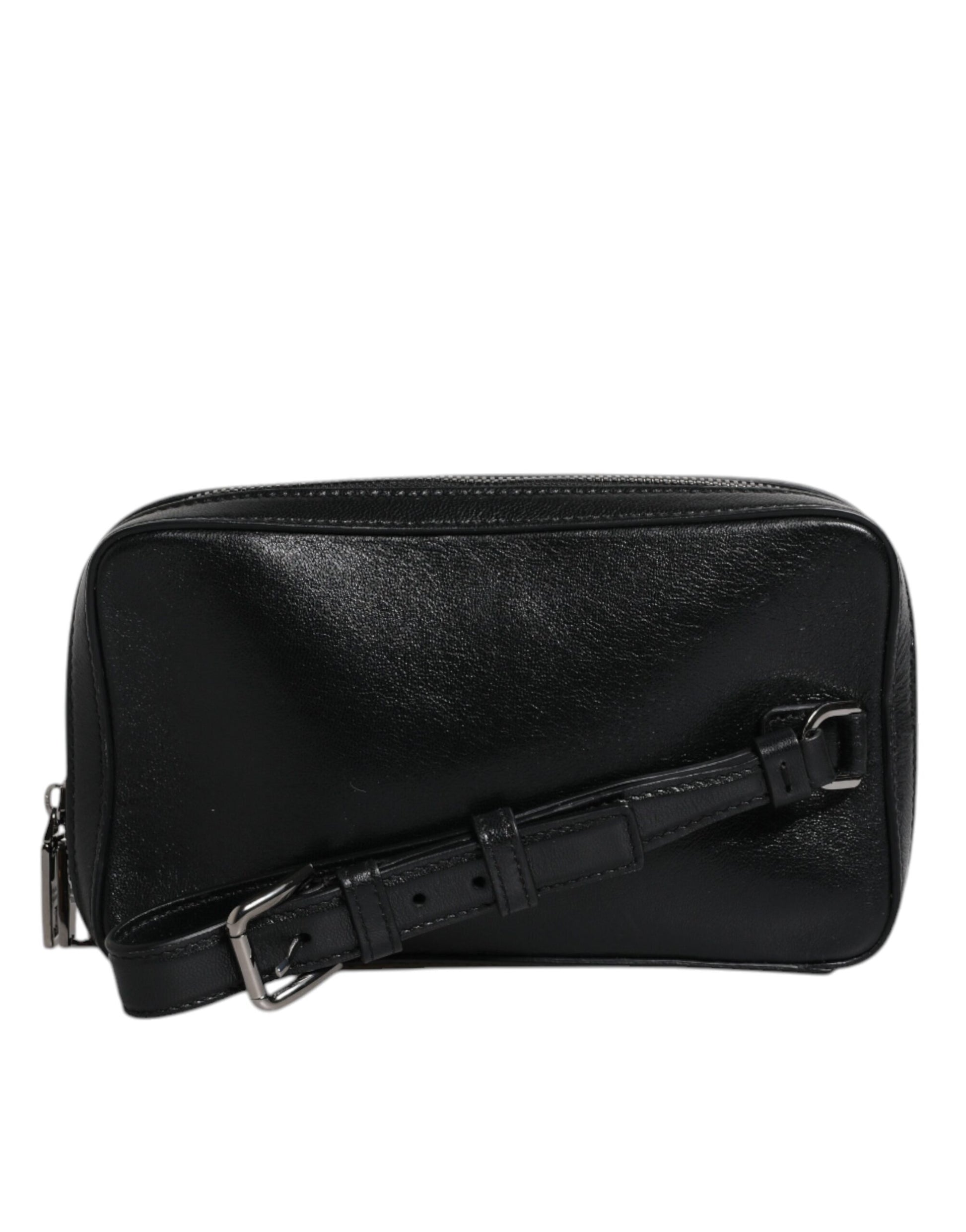 Black Leather LED Logo Wrist Strap Clutch Bag