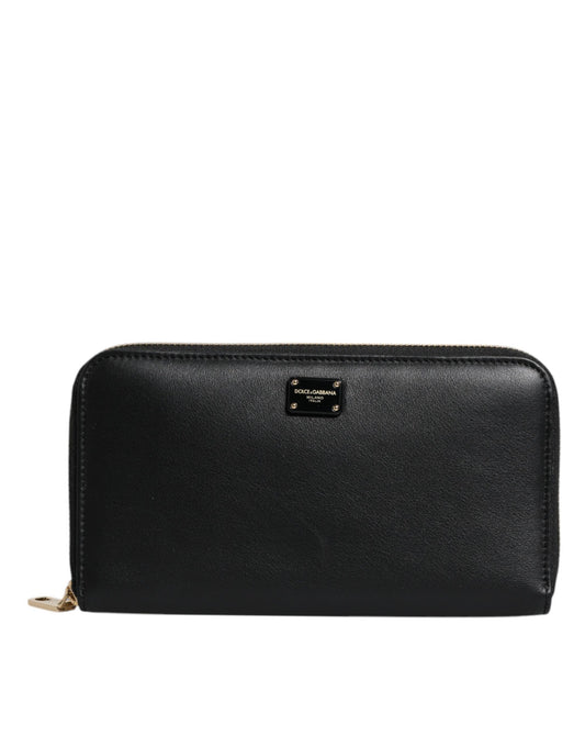 Black Calfskin Leather Logo Zip Around Continental Wallet