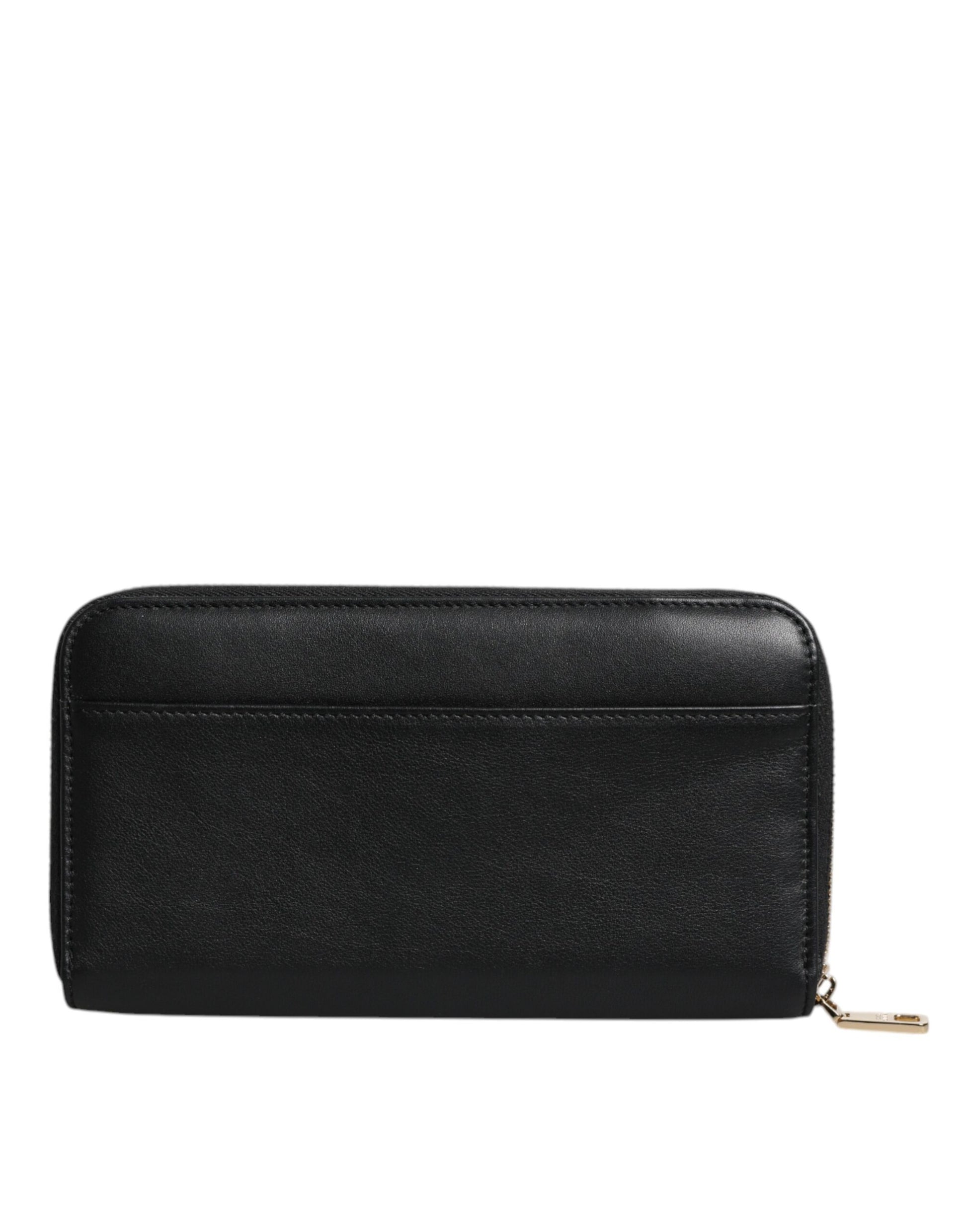 Black Calfskin Leather Logo Zip Around Continental Wallet