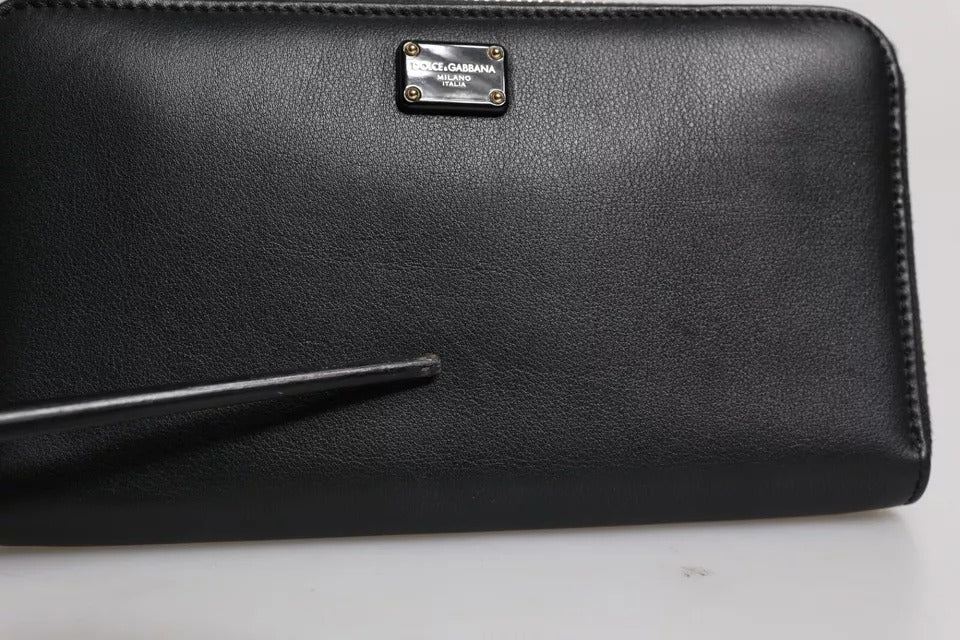 Black Calfskin Leather Logo Zip Around Continental Wallet