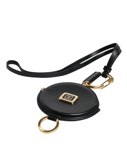 Black Round Leather DG Logo Coin Purse Lanyard Wallet