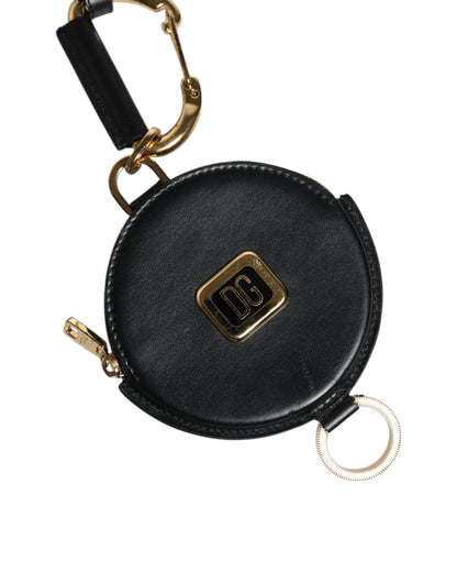 Black Round Leather DG Logo Coin Purse Lanyard Wallet