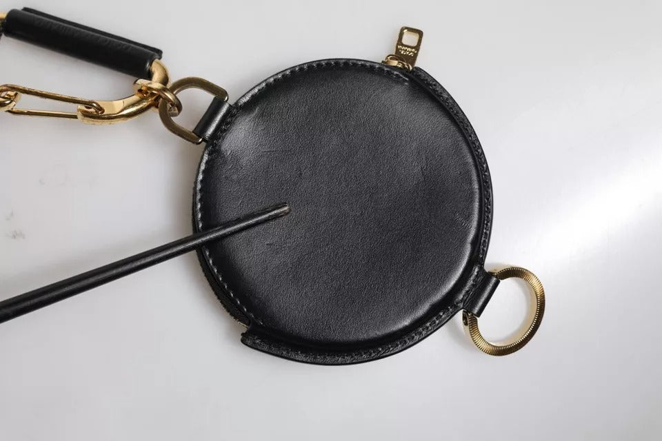 Black Round Leather DG Logo Coin Purse Lanyard Wallet