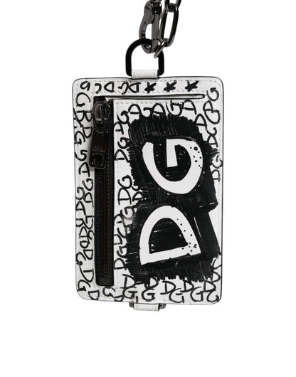 White Leather Lanyard Graffiti Print Card Holder Wallet