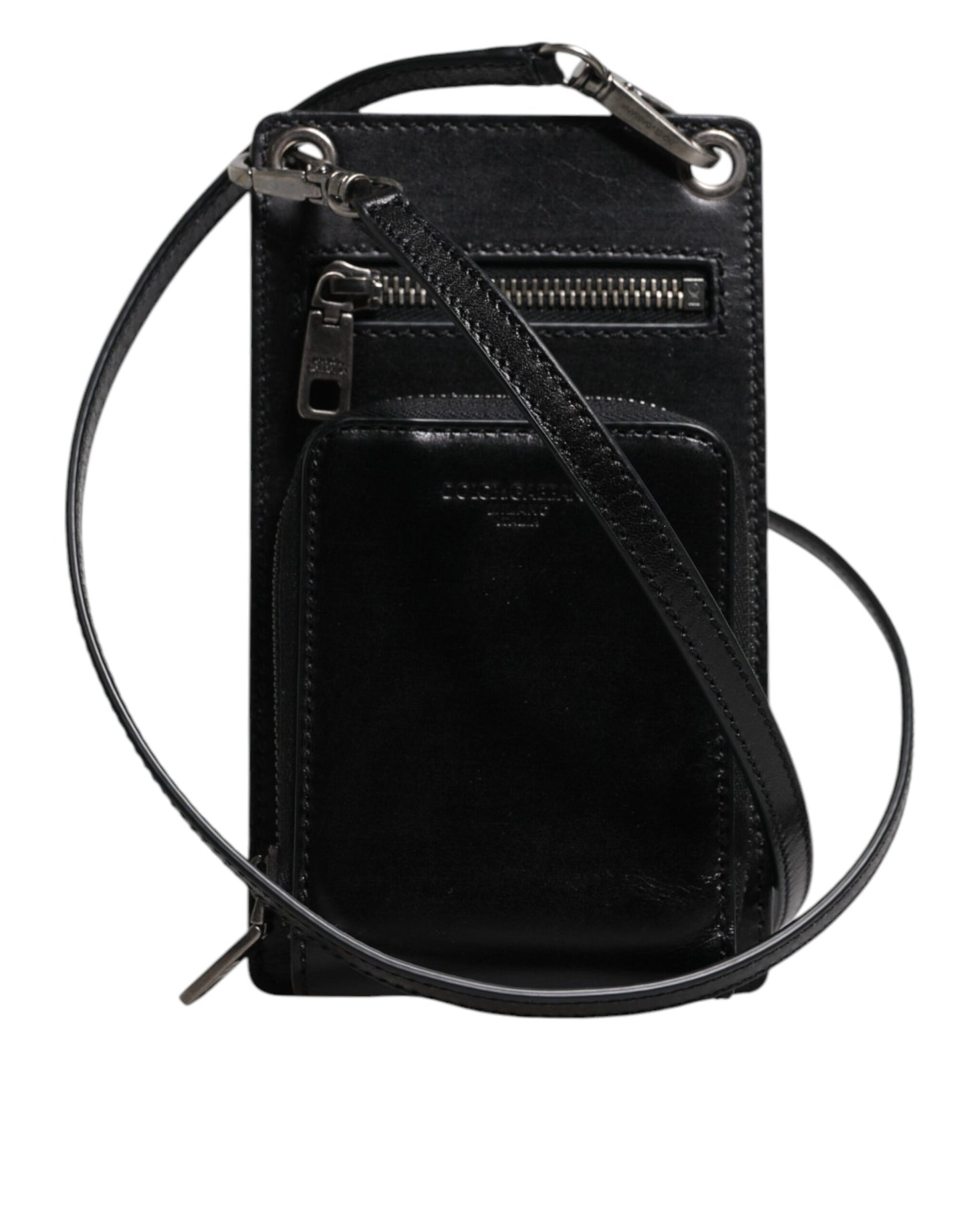 Black Horse Leather Zip Logo Shoulder Neck Strap Wallet