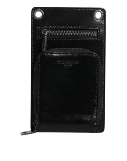 Black Horse Leather Zip Logo Shoulder Neck Strap Wallet