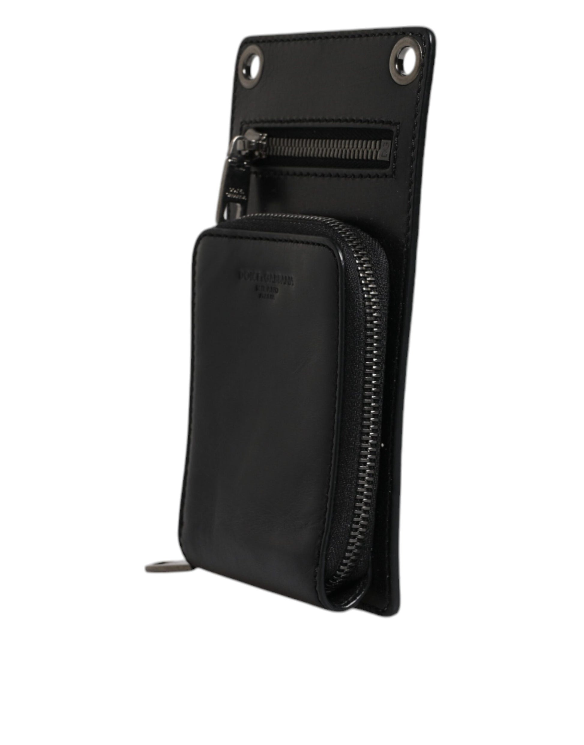 Black Horse Leather Zip Logo Shoulder Neck Strap Wallet