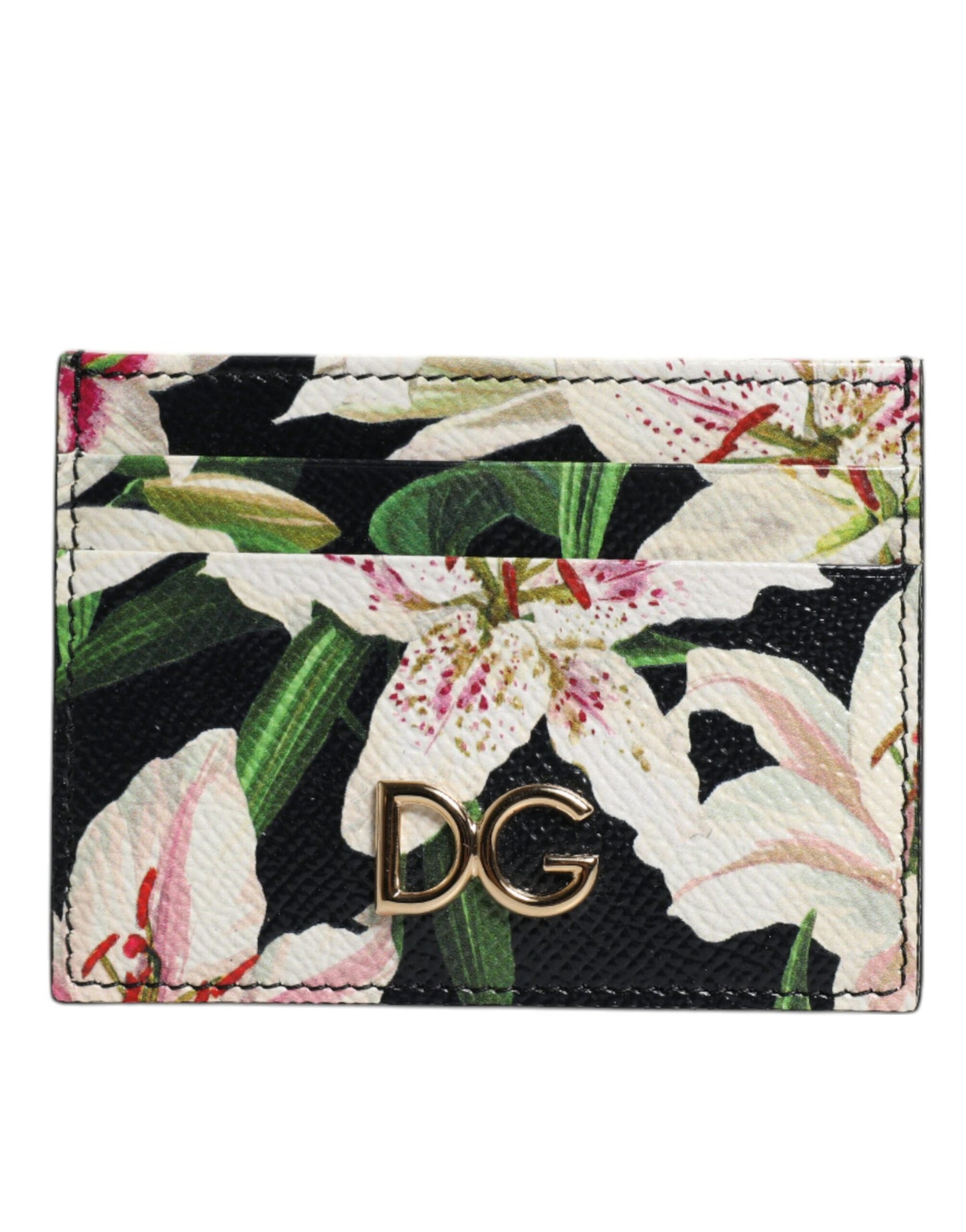 Black Floral Leather Card Holder DG Logo Plaque Wallet