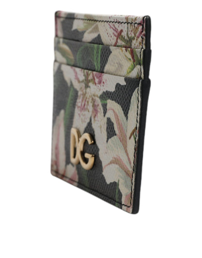 Black Floral Leather Card Holder DG Logo Plaque Wallet